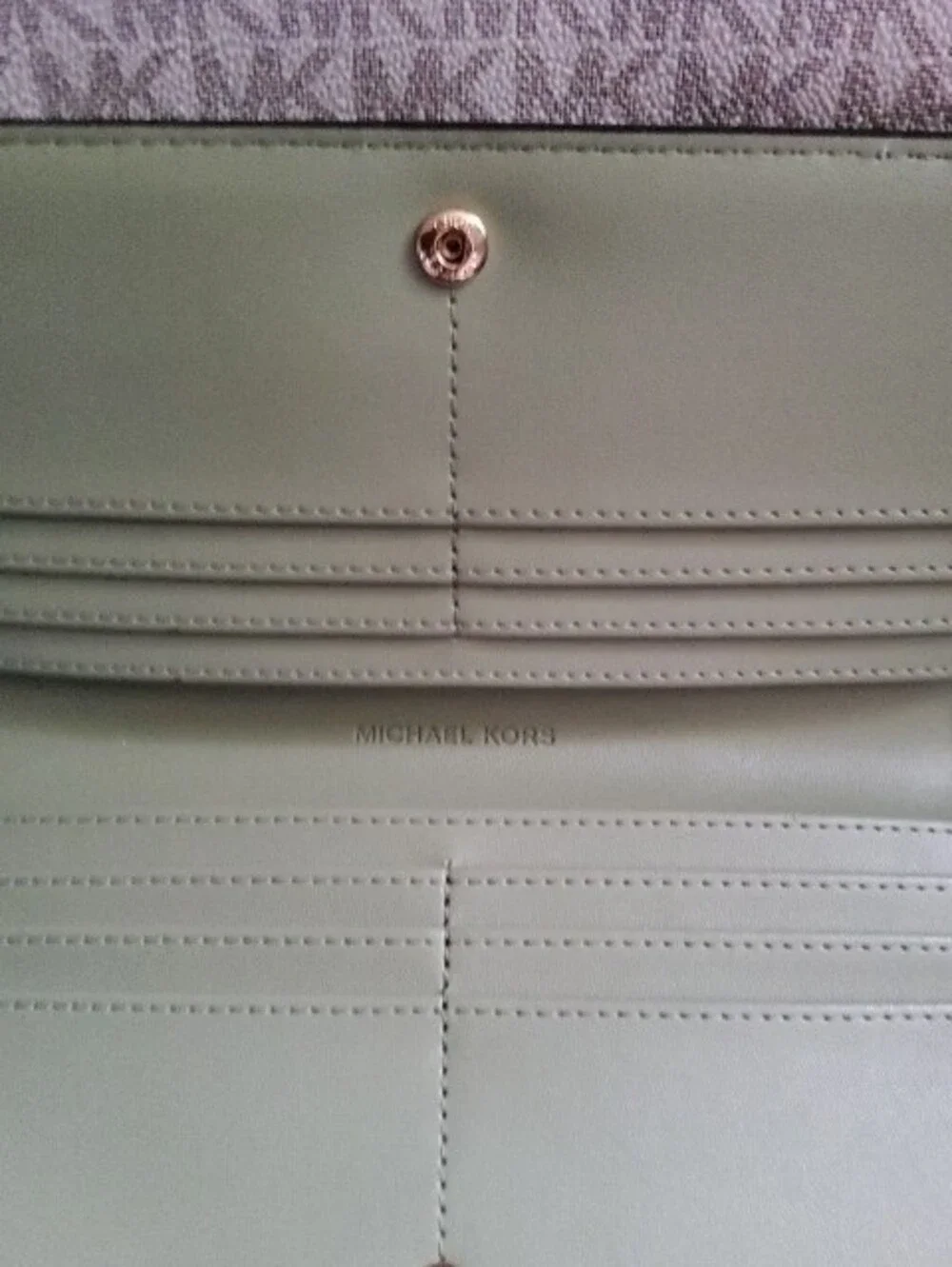New Michael Kors Beige Logo Tote with Olive Green Trim and Matching Wallet